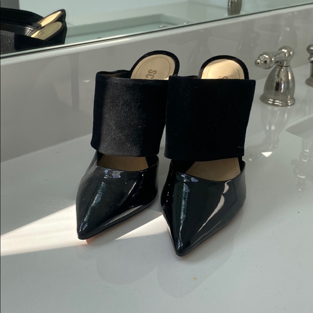 Black patent leather and suede heels